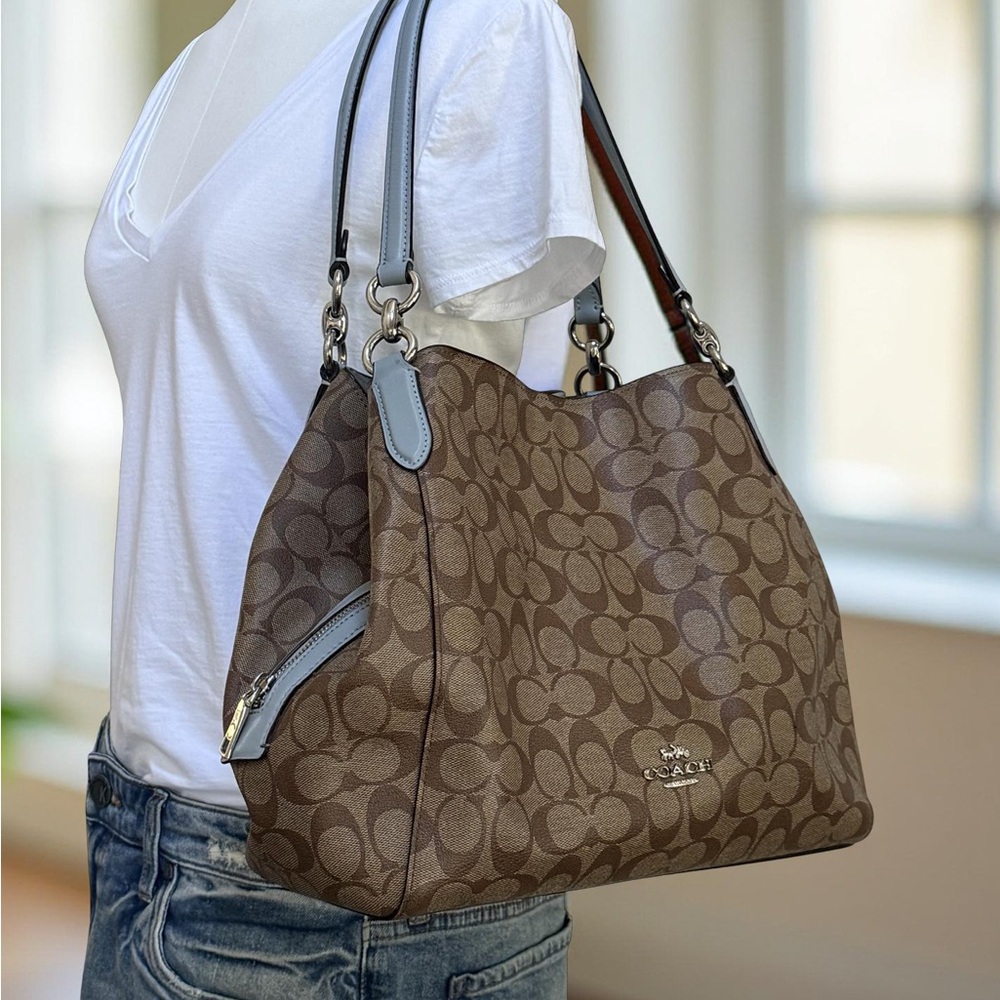 Authentic Coach Hallie Brown Lt Blue Signature Hobo Shoulder Bag - Picture 15 of 16